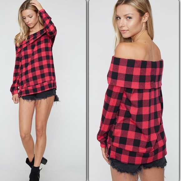 💙 Host Pic Paige’s Plaid Off the Shoulder Top - Picture 2 of 3
